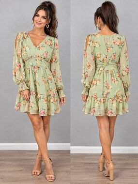 Lumiere Large Sage Green Floral Long Sleeve Mini Dress Keyhole Boho